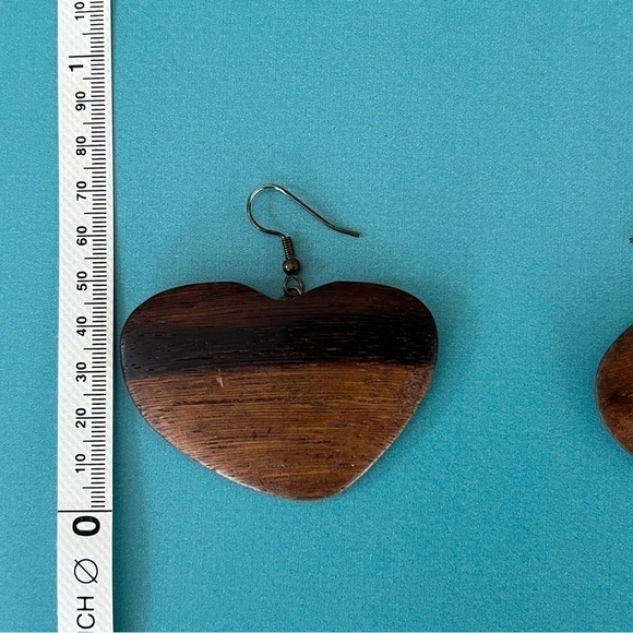 Boho Mahogany Wood Handmade Heart Earrings - Picture 5 of 6